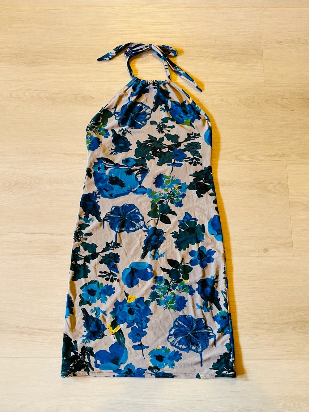Maaji Women's Blue & Green Floral Mesh Sheer Halter Bodycon Mini Dress Size M
